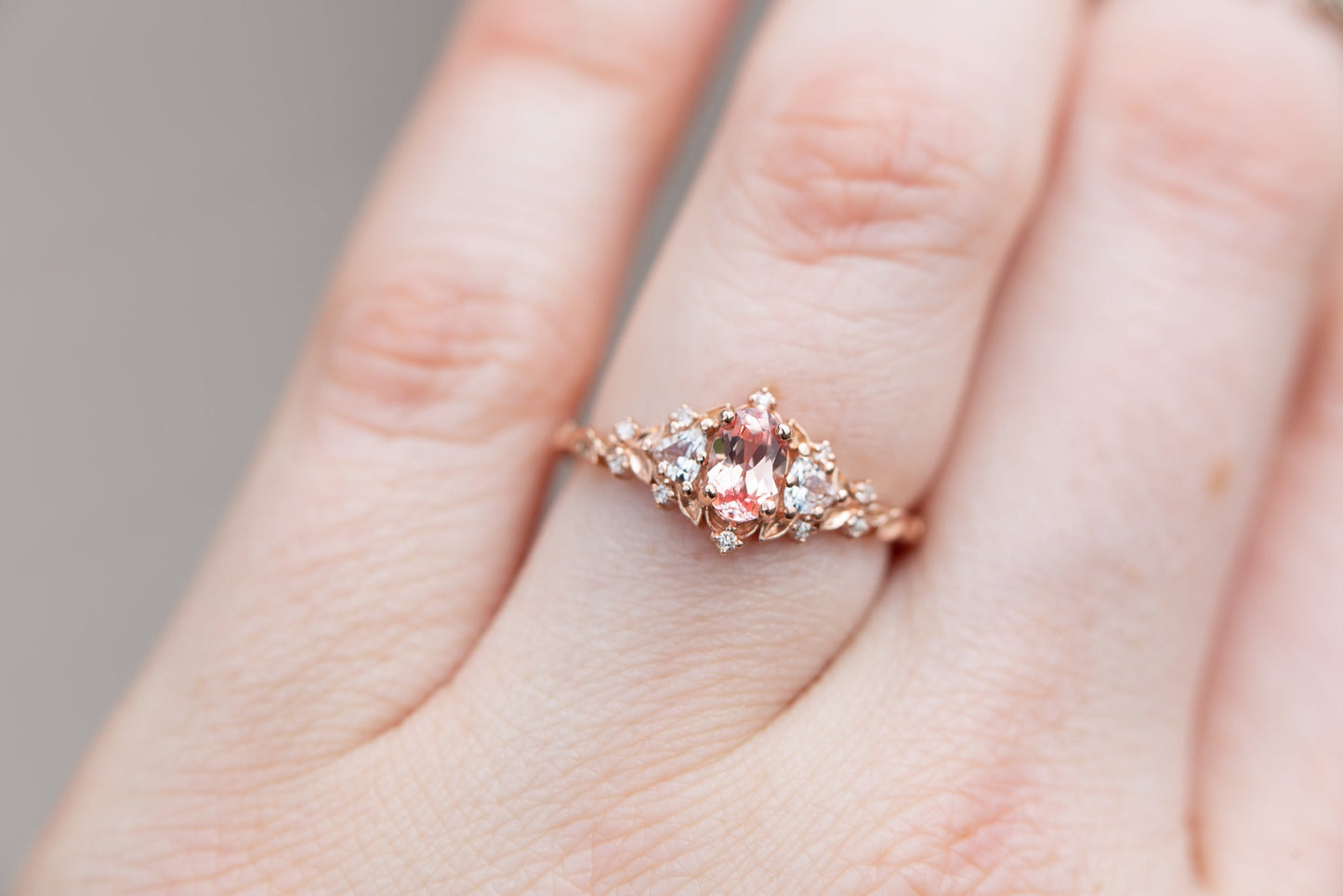 [Oramore Jewelry]Briar rose three stone with oval lab peach sapphire (fairy queen ring)