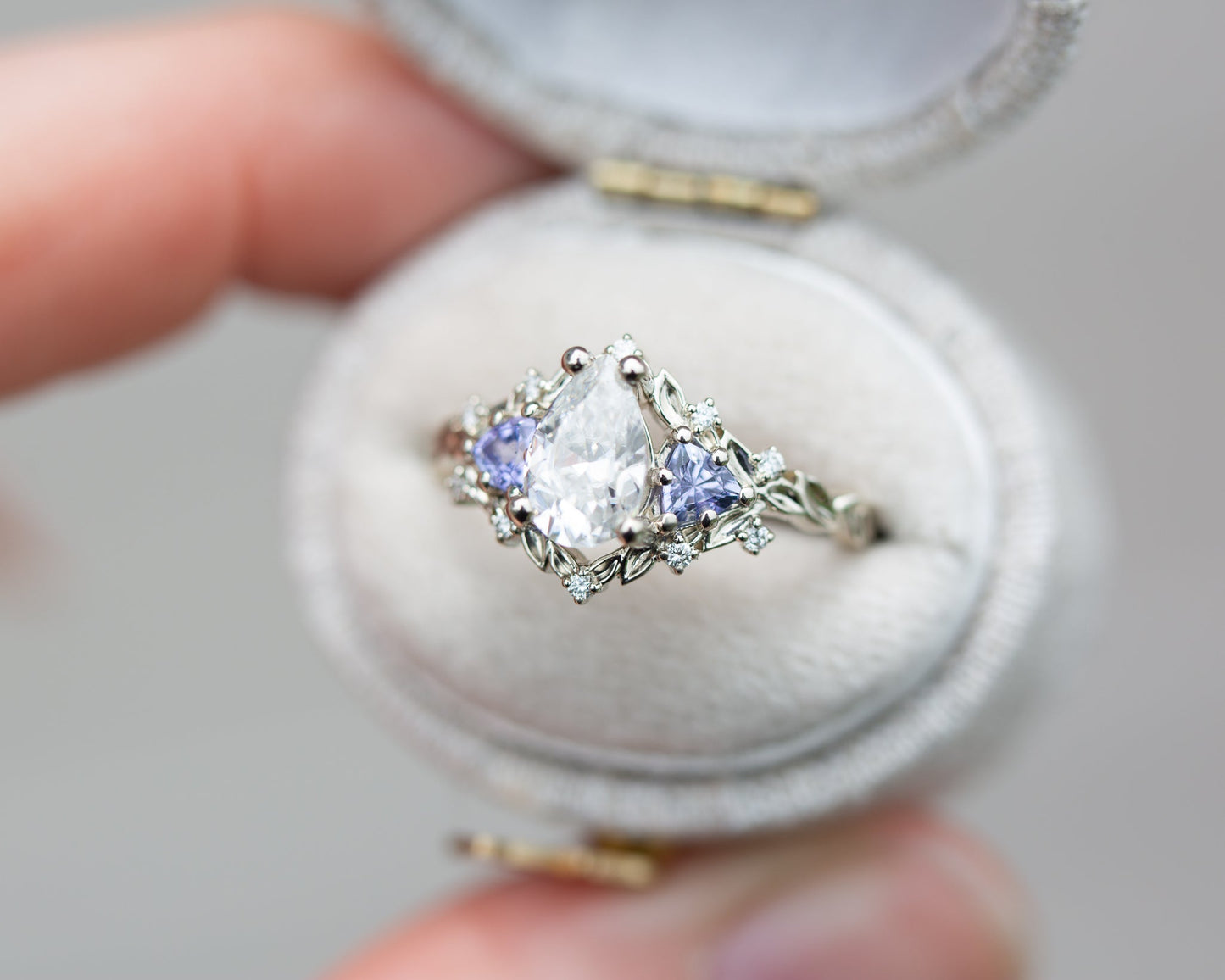 [Oramore Jewelry]Briar rose three stone with pear moissanite and tanzanite