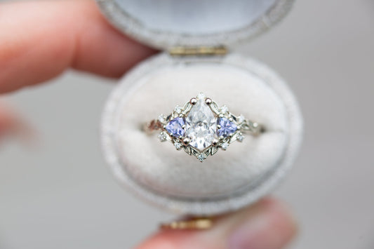 [Oramore Jewelry]Briar rose three stone with pear moissanite and tanzanite