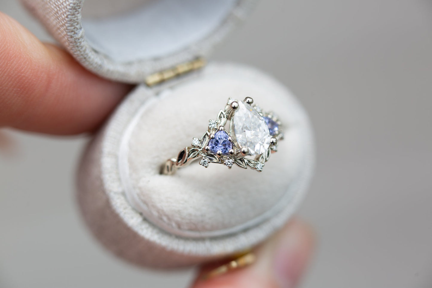 [Oramore Jewelry]Briar rose three stone with pear moissanite and tanzanite