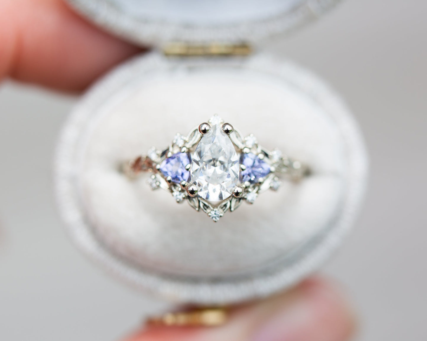 [Oramore Jewelry]Briar rose three stone with pear moissanite and tanzanite