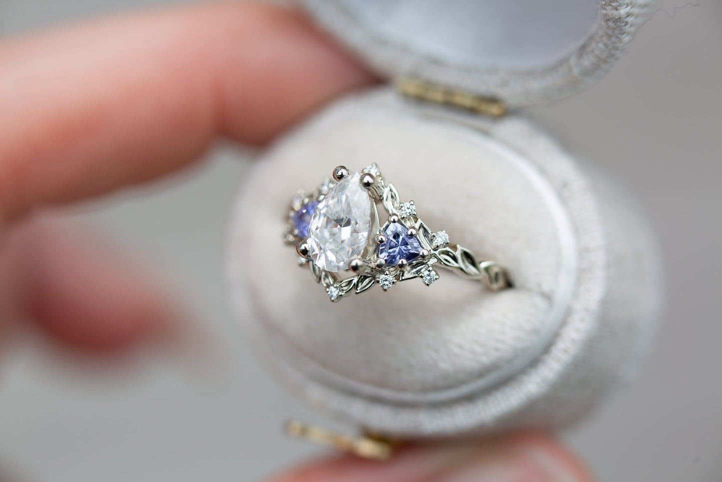 [Oramore Jewelry]Briar rose three stone with pear moissanite and tanzanite