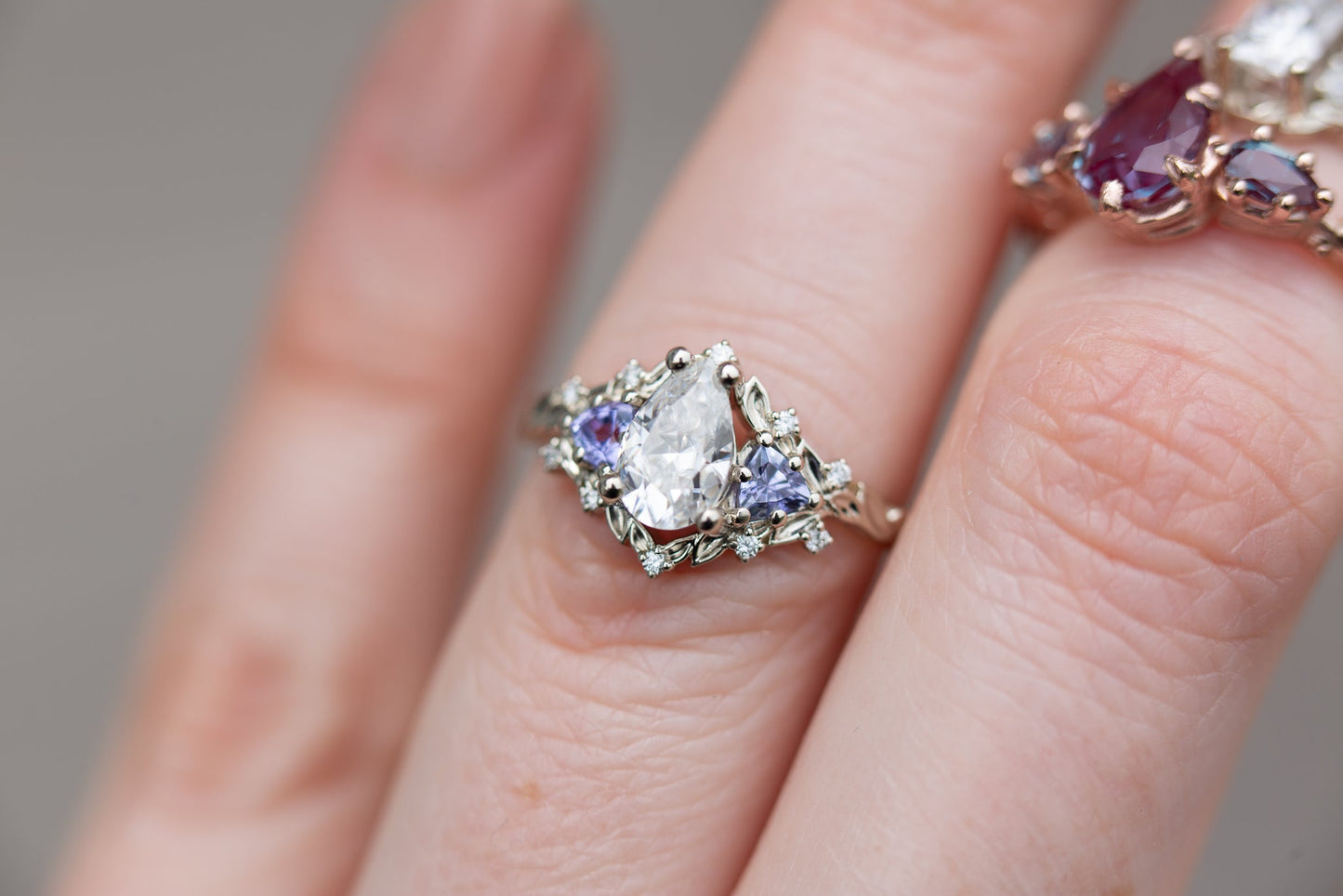[Oramore Jewelry]Briar rose three stone with pear moissanite and tanzanite
