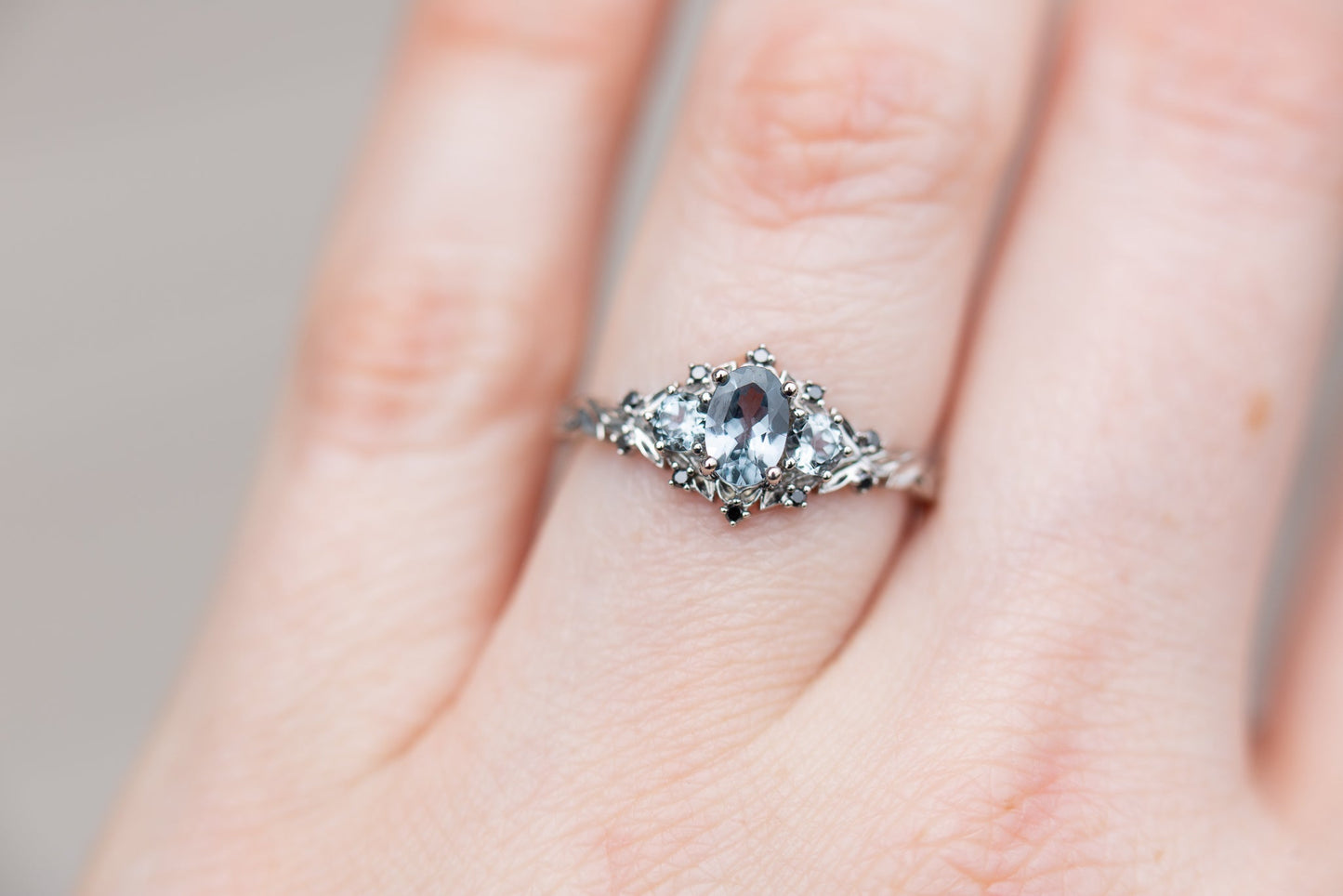 [Oramore Jewelry]Briar rose three stone with grey spinel and black diamonds