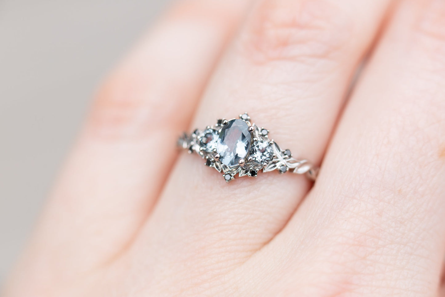 [Oramore Jewelry]Briar rose three stone with grey spinel and black diamonds
