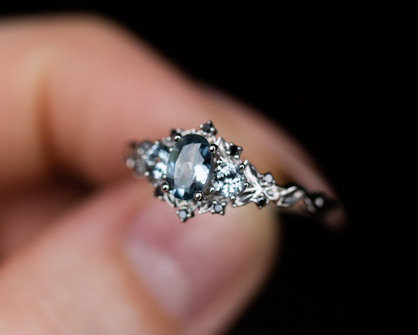 [Oramore Jewelry]Briar rose three stone with grey spinel and black diamonds