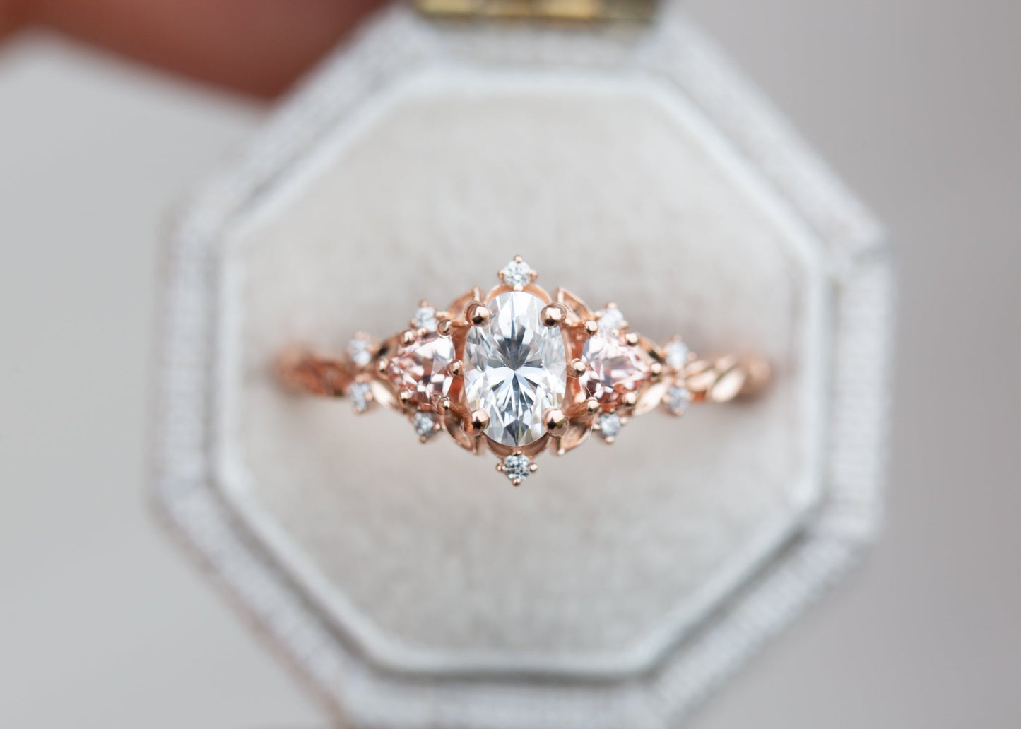[Oramore Jewelry]Briar rose three stone with oval moissanite and lab peach sapphire (fairy queen ring)