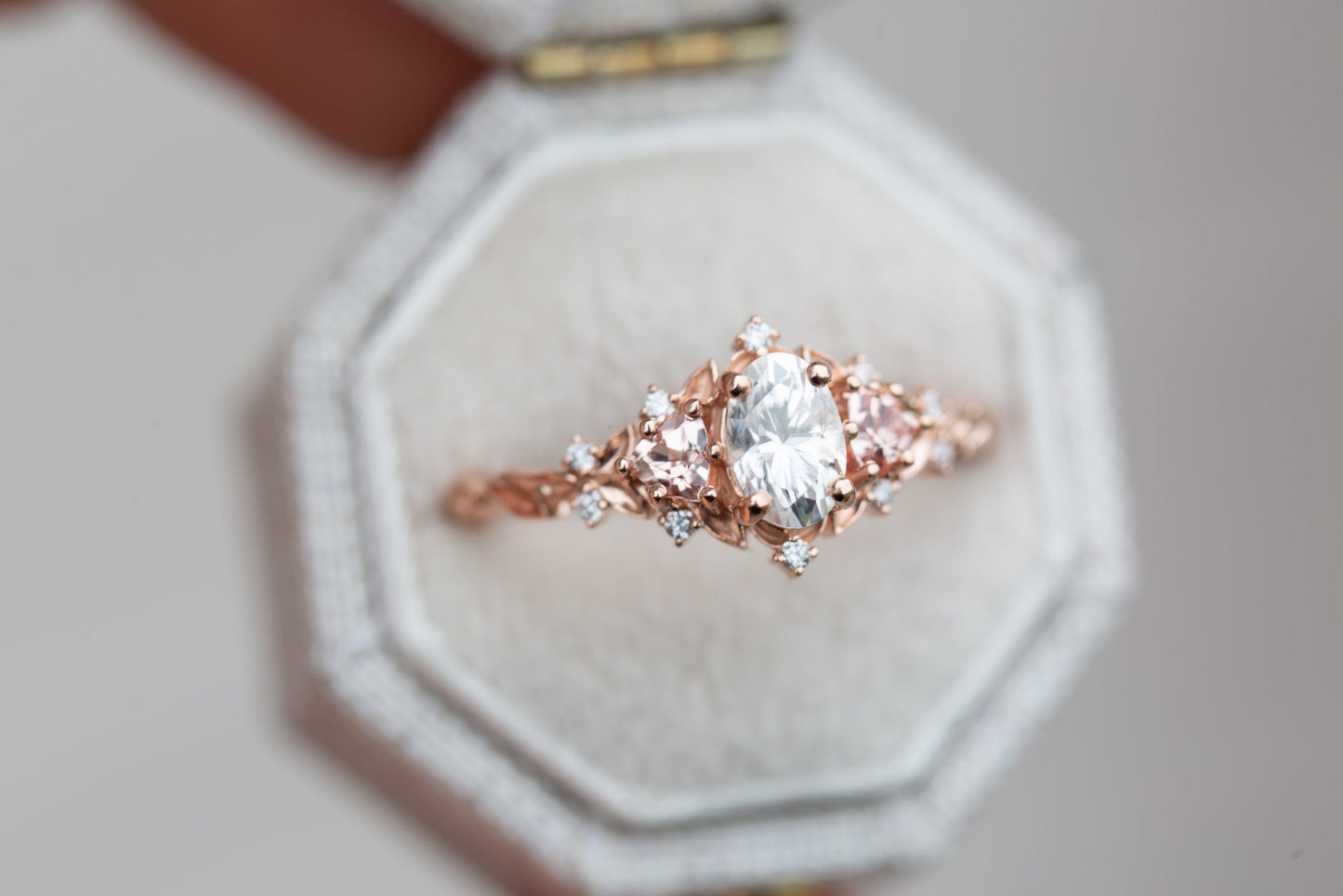 [Oramore Jewelry]Briar rose three stone with oval moissanite and lab peach sapphire (fairy queen ring)