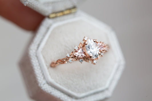[Oramore Jewelry]Briar rose three stone with oval moissanite and lab peach sapphire (fairy queen ring)