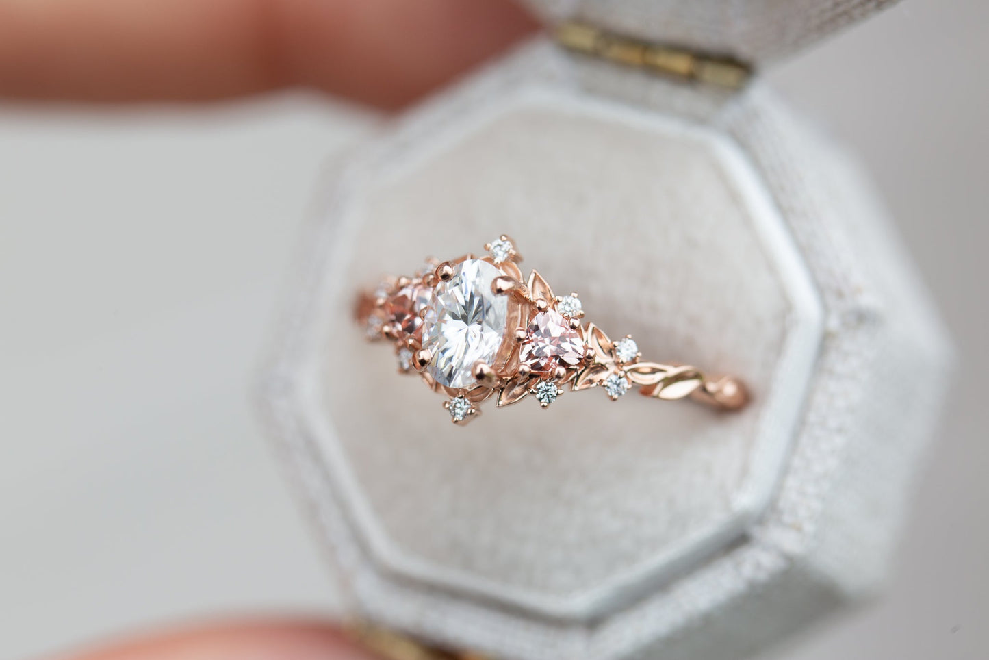 [Oramore Jewelry]Briar rose three stone with oval moissanite and lab peach sapphire (fairy queen ring)
