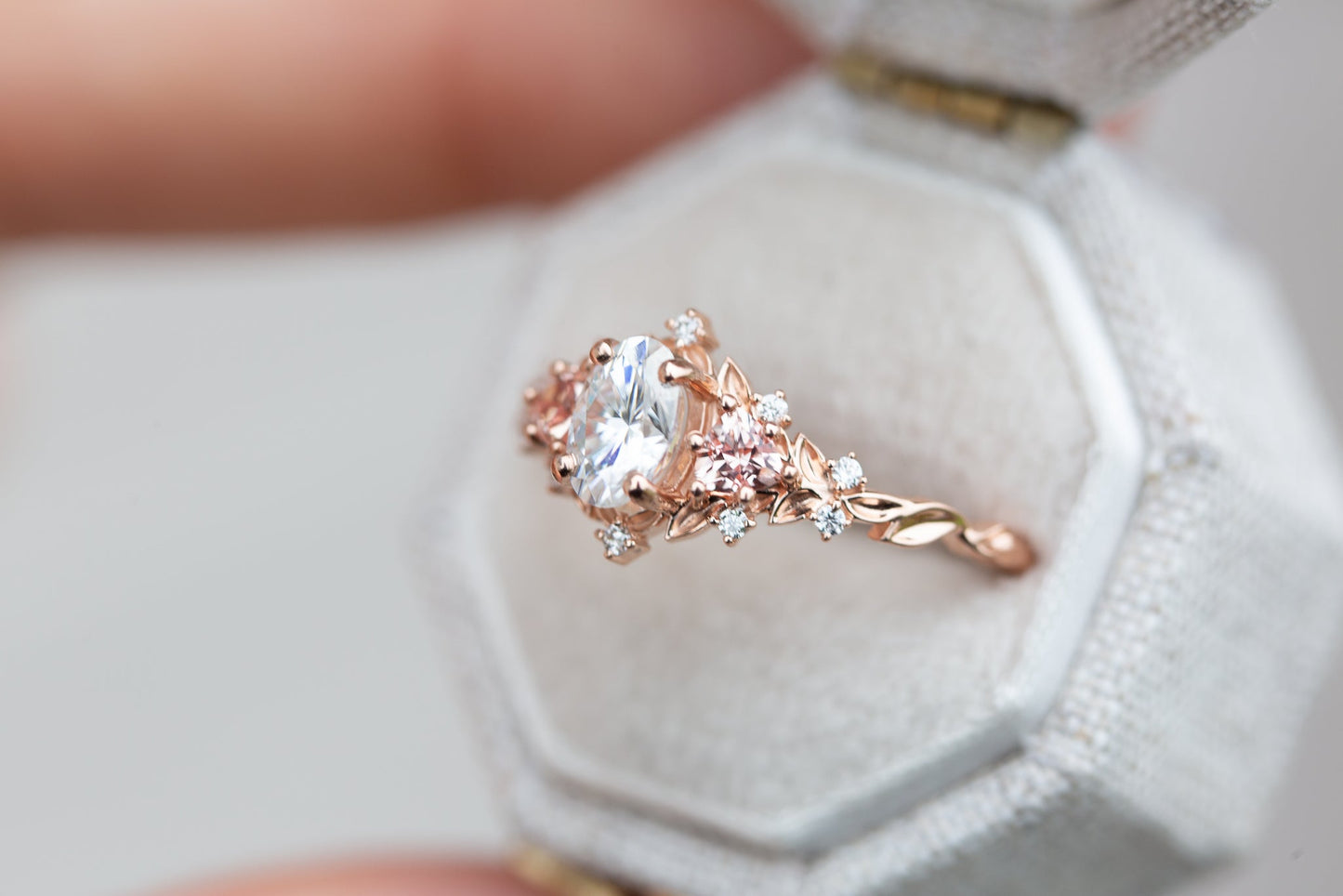 [Oramore Jewelry]Briar rose three stone with oval moissanite and lab peach sapphire (fairy queen ring)