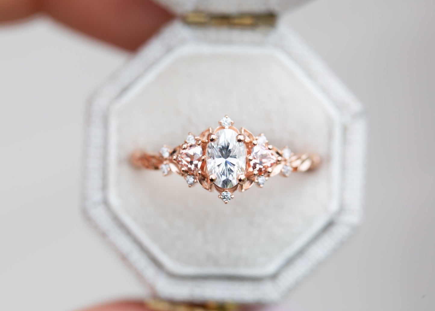 [Oramore Jewelry]Briar rose three stone with oval moissanite and lab peach sapphire (fairy queen ring)
