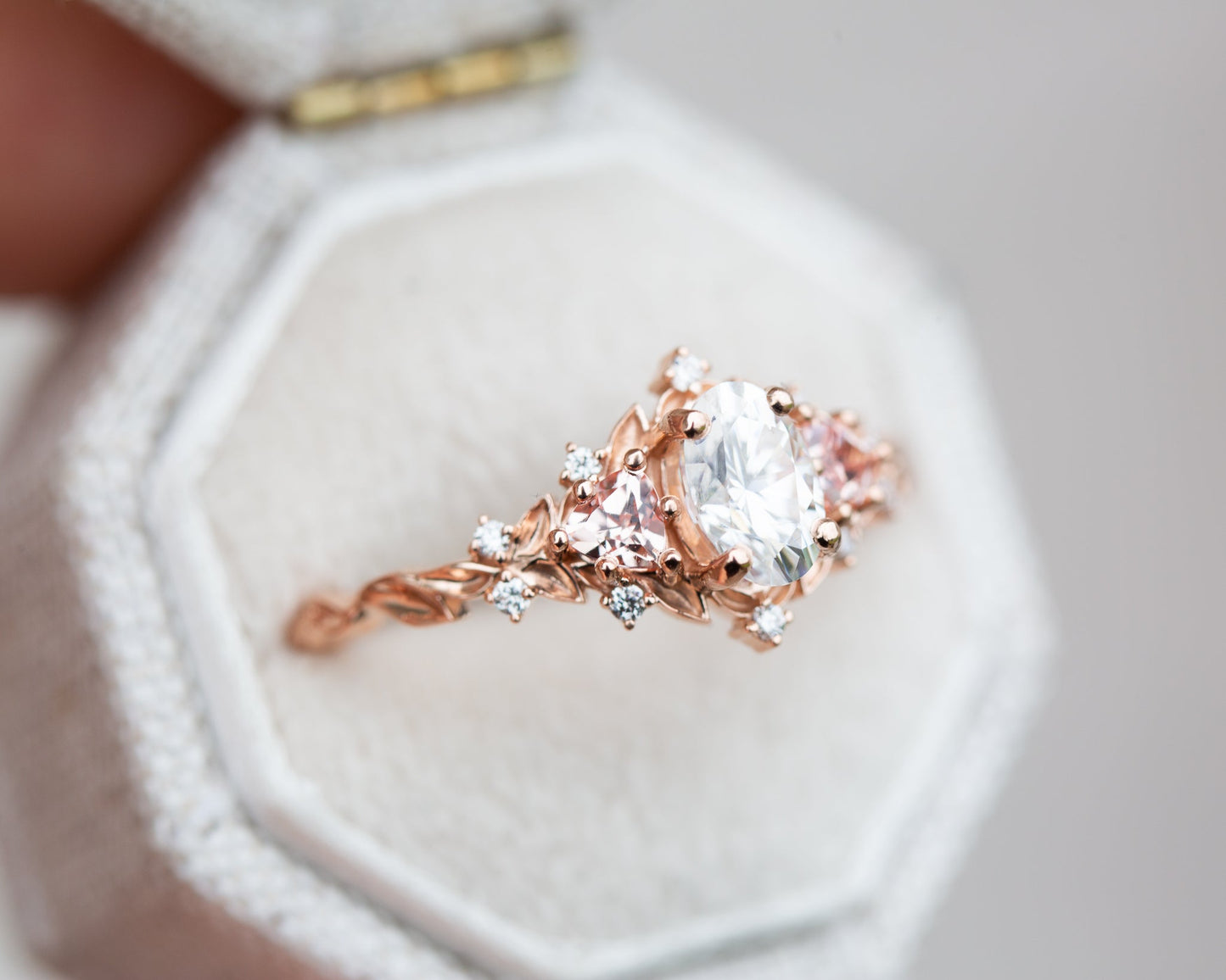 [Oramore Jewelry]Briar rose three stone with oval moissanite and lab peach sapphire (fairy queen ring)