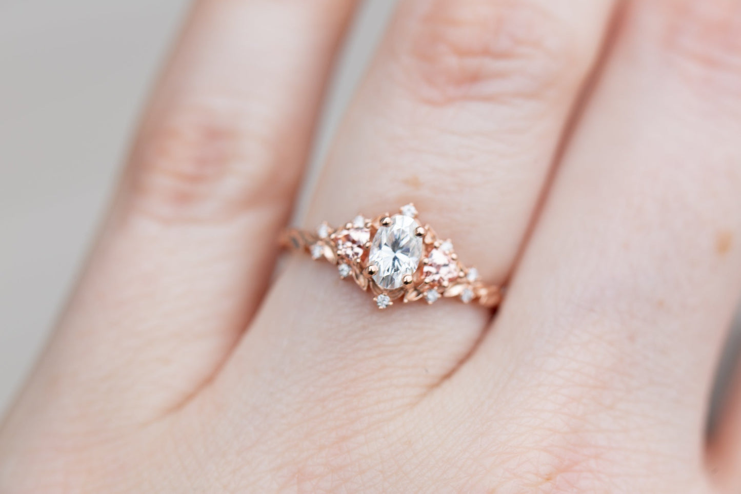 [Oramore Jewelry]Briar rose three stone with oval moissanite and lab peach sapphire (fairy queen ring)