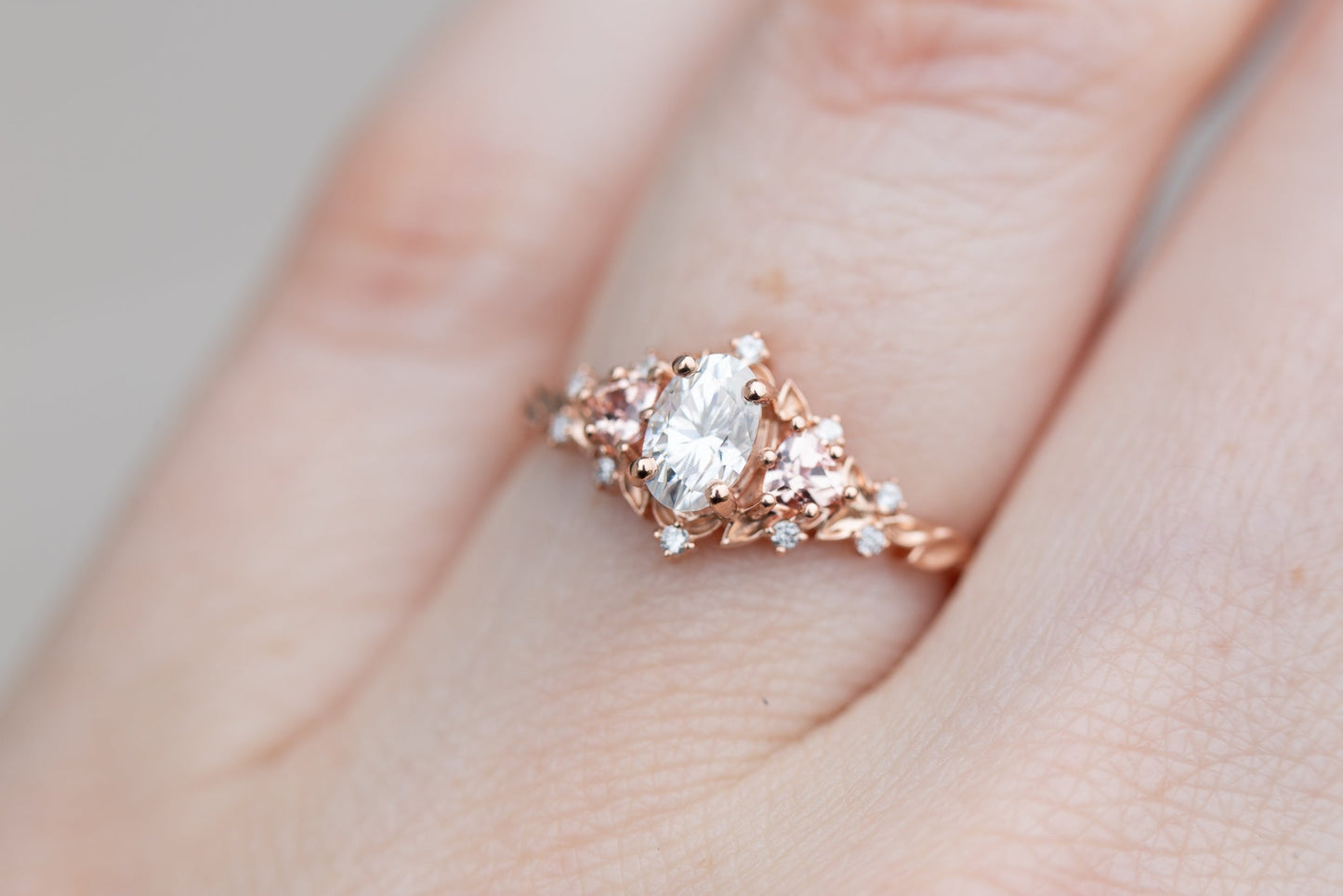 [Oramore Jewelry]Briar rose three stone with oval moissanite and lab peach sapphire (fairy queen ring)
