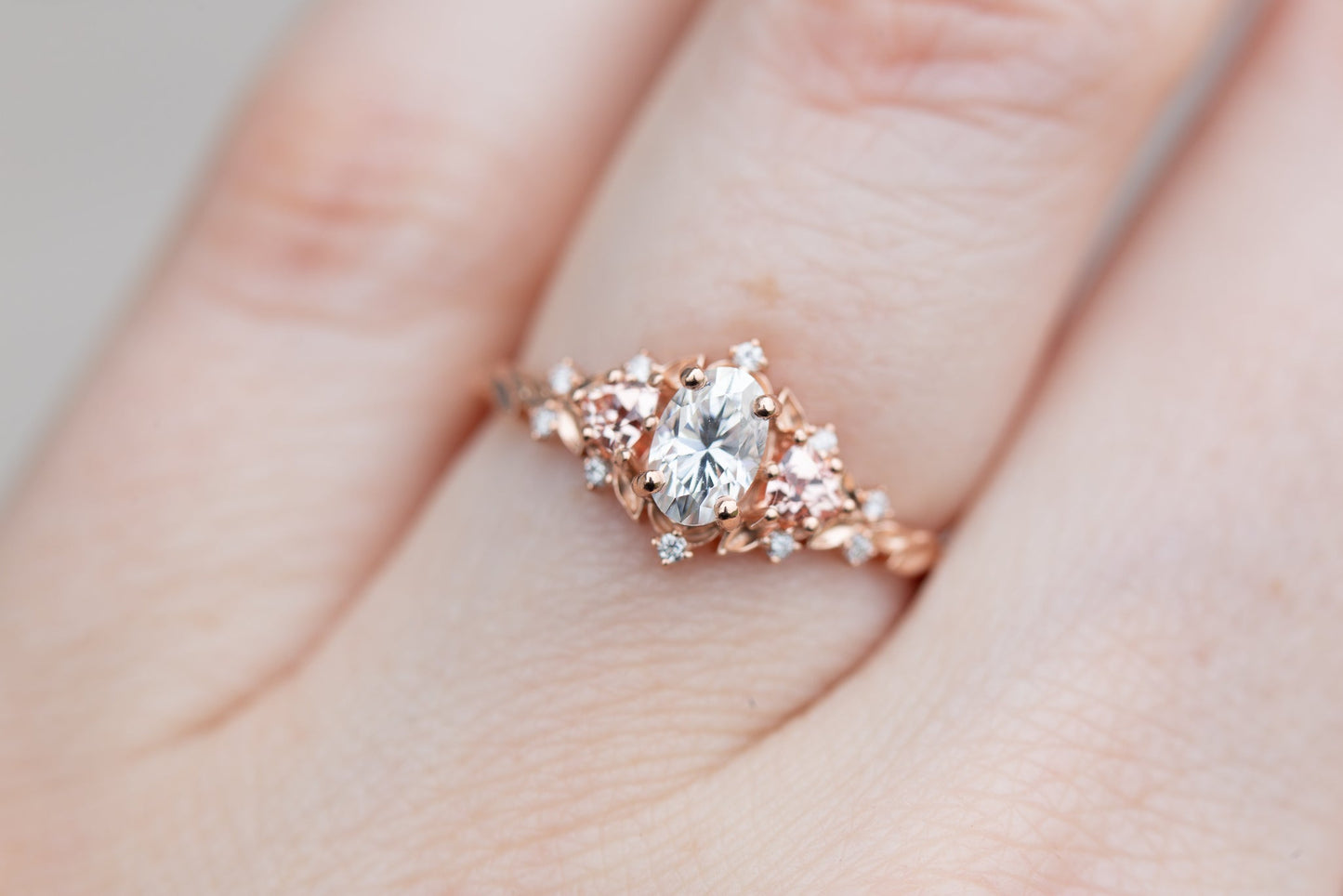 [Oramore Jewelry]Briar rose three stone with oval moissanite and lab peach sapphire (fairy queen ring)