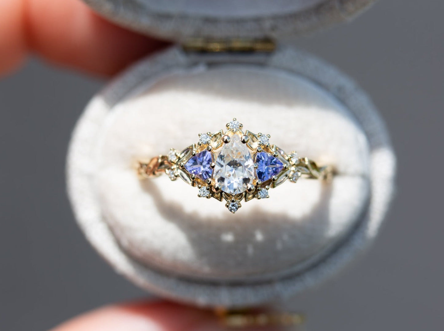 [Oramore Jewelry]14k rose Briar rose three stone with pear moissanite and tanzanite (fairy queen ring)