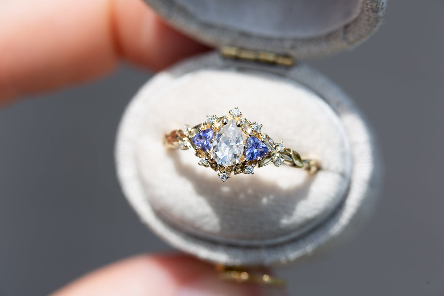[Oramore Jewelry]14k rose Briar rose three stone with pear moissanite and tanzanite (fairy queen ring)