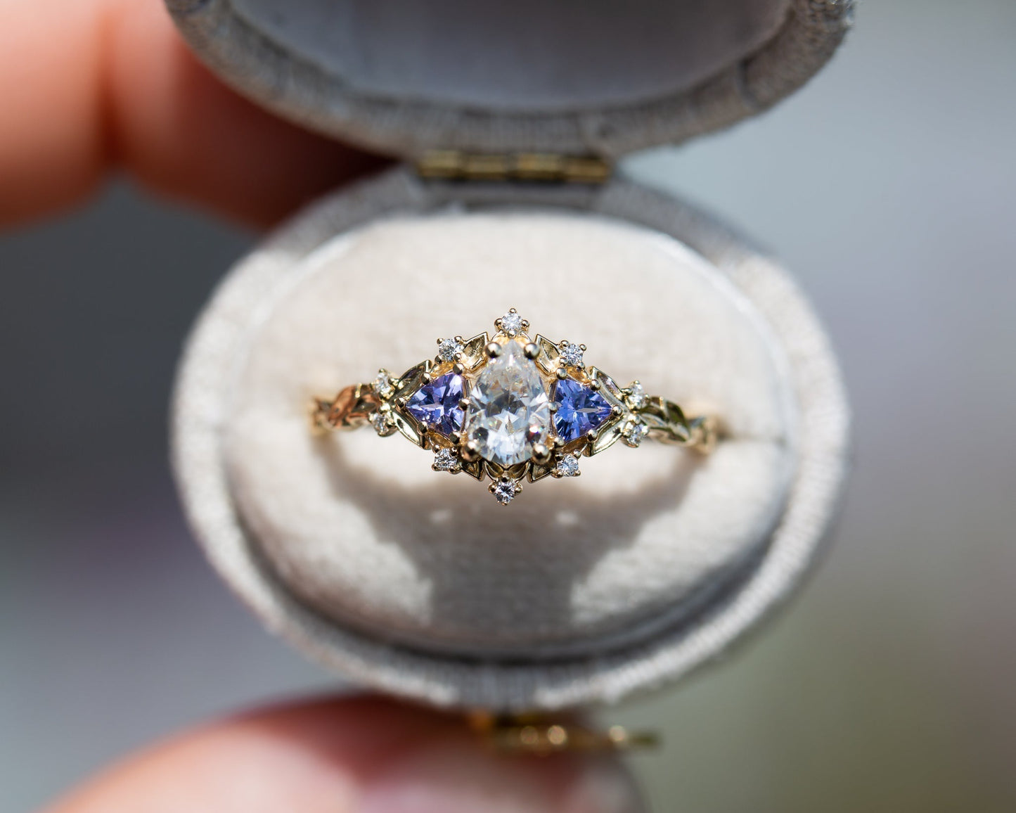 [Oramore Jewelry]14k rose Briar rose three stone with pear moissanite and tanzanite (fairy queen ring)