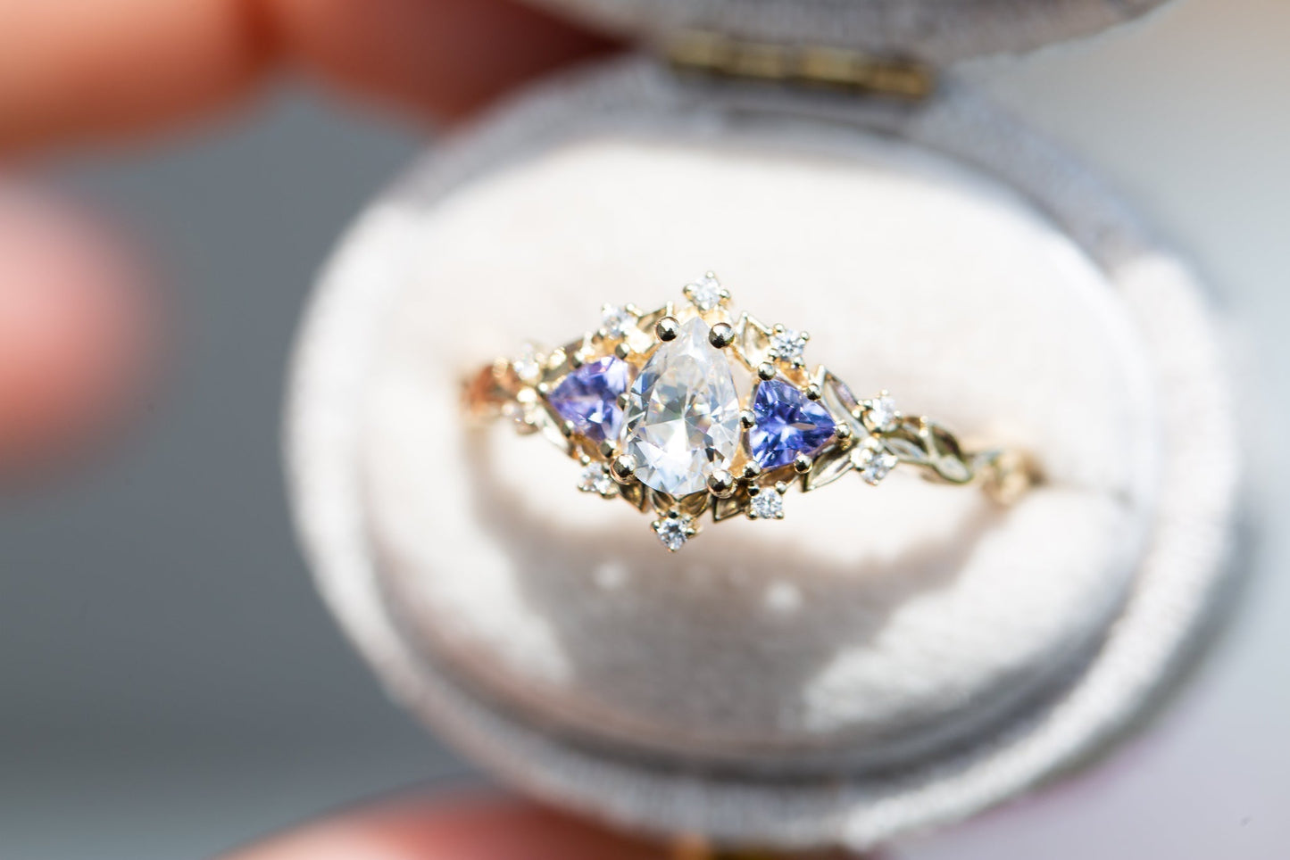 [Oramore Jewelry]14k rose Briar rose three stone with pear moissanite and tanzanite (fairy queen ring)