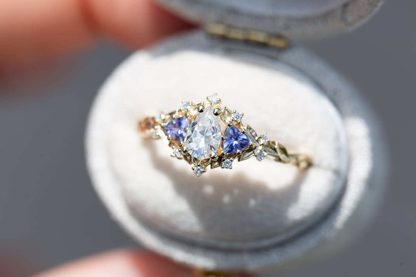 [Oramore Jewelry]14k rose Briar rose three stone with pear moissanite and tanzanite (fairy queen ring)