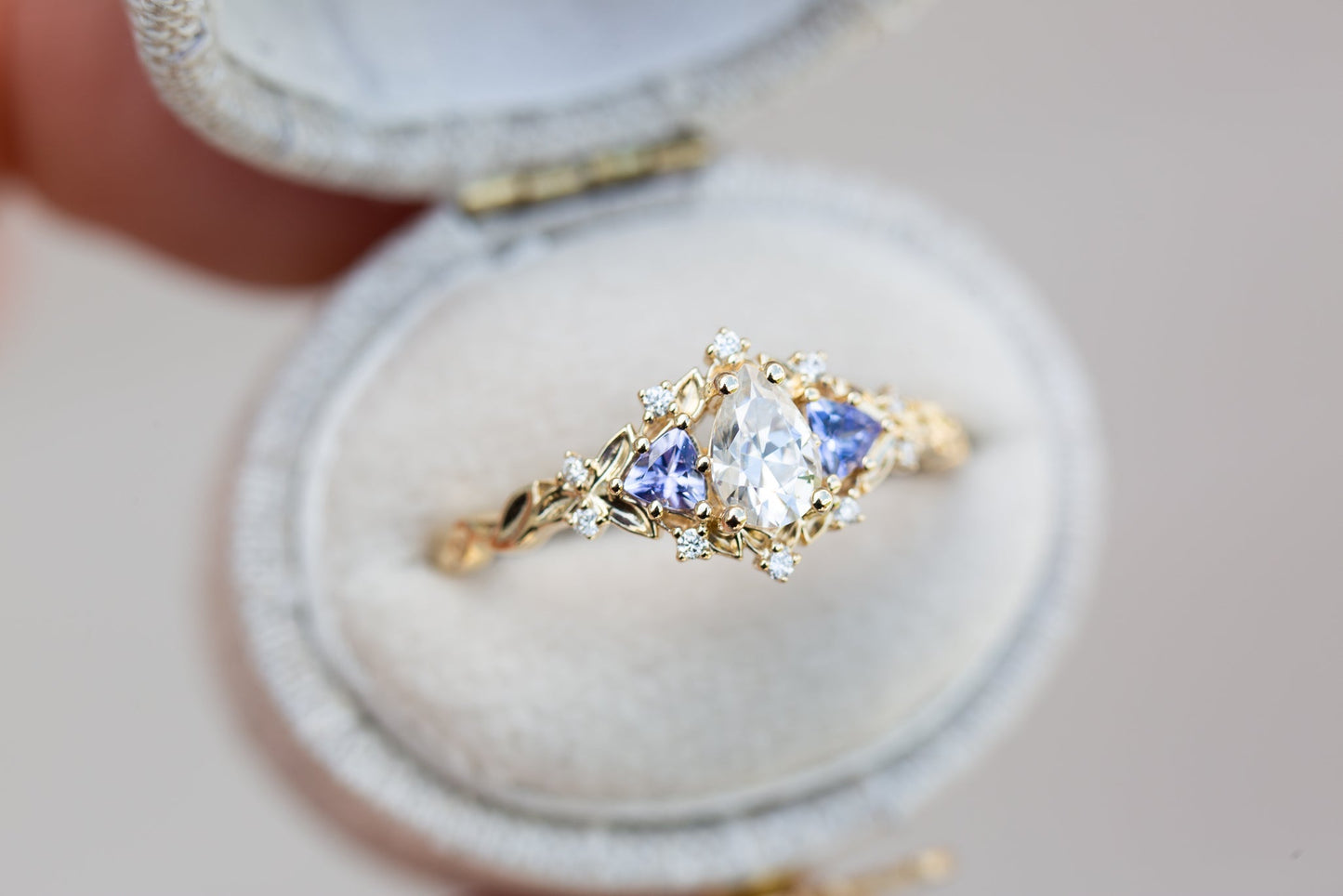 [Oramore Jewelry]14k rose Briar rose three stone with pear moissanite and tanzanite (fairy queen ring)
