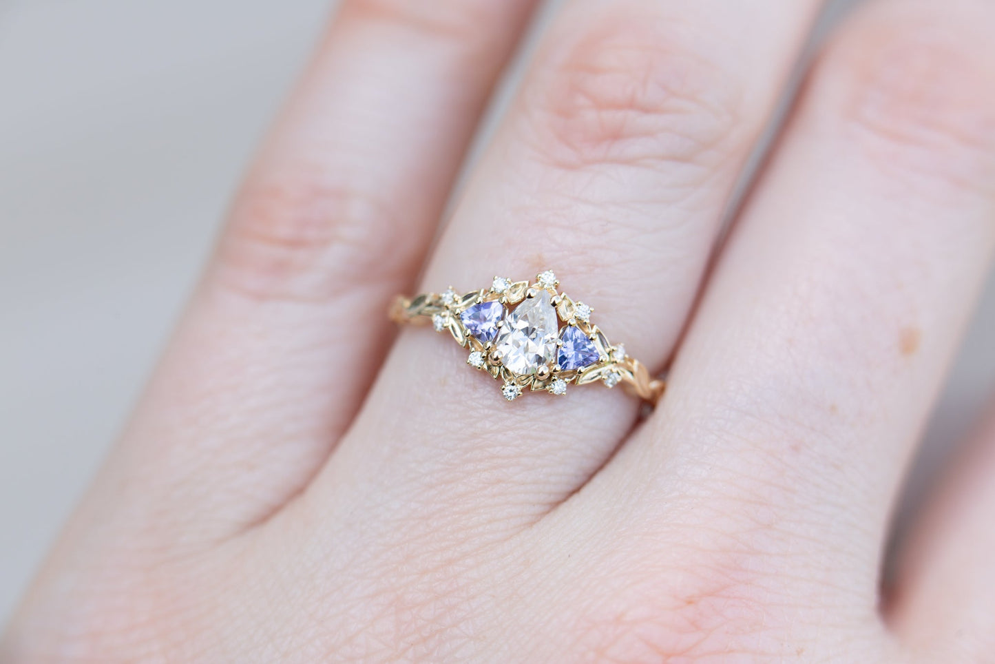 [Oramore Jewelry]14k rose Briar rose three stone with pear moissanite and tanzanite (fairy queen ring)