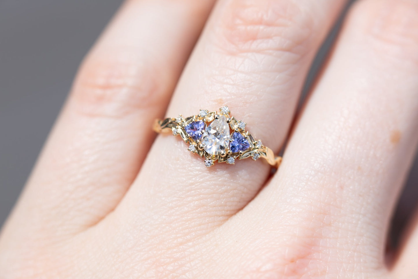[Oramore Jewelry]14k rose Briar rose three stone with pear moissanite and tanzanite (fairy queen ring)