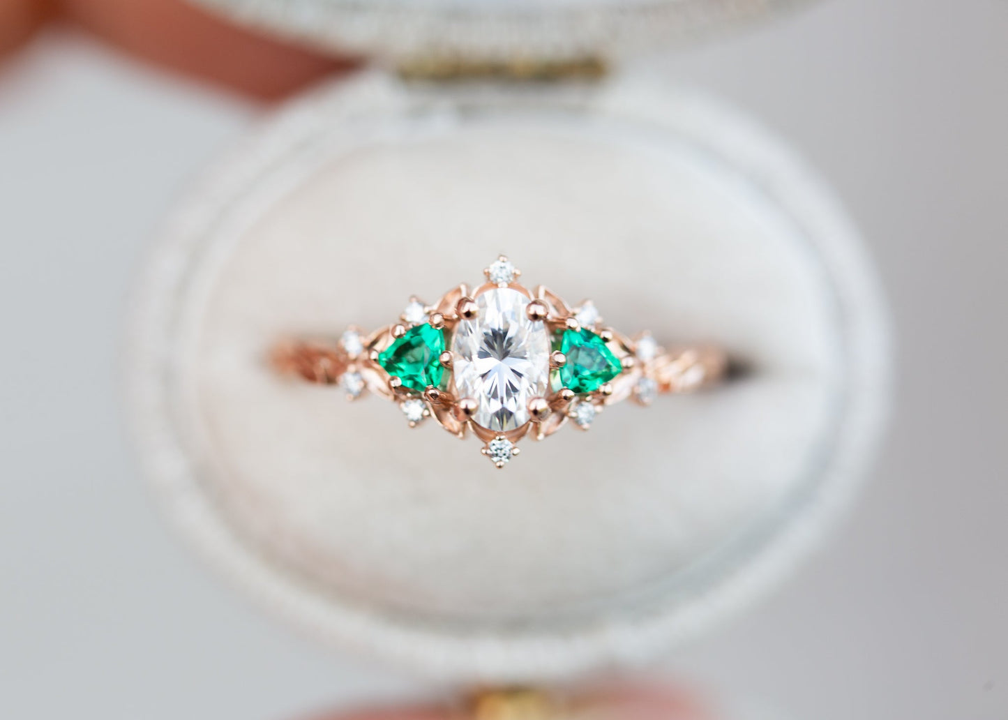 [Oramore Jewelry]Briar rose three stone with oval moissanite and lab emerald (fairy queen ring)