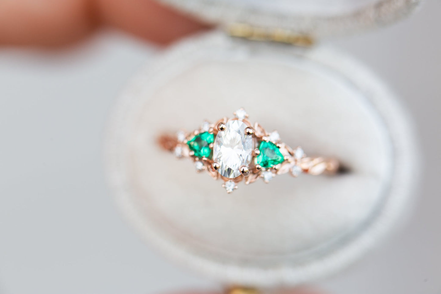 [Oramore Jewelry]Briar rose three stone with oval moissanite and lab emerald (fairy queen ring)