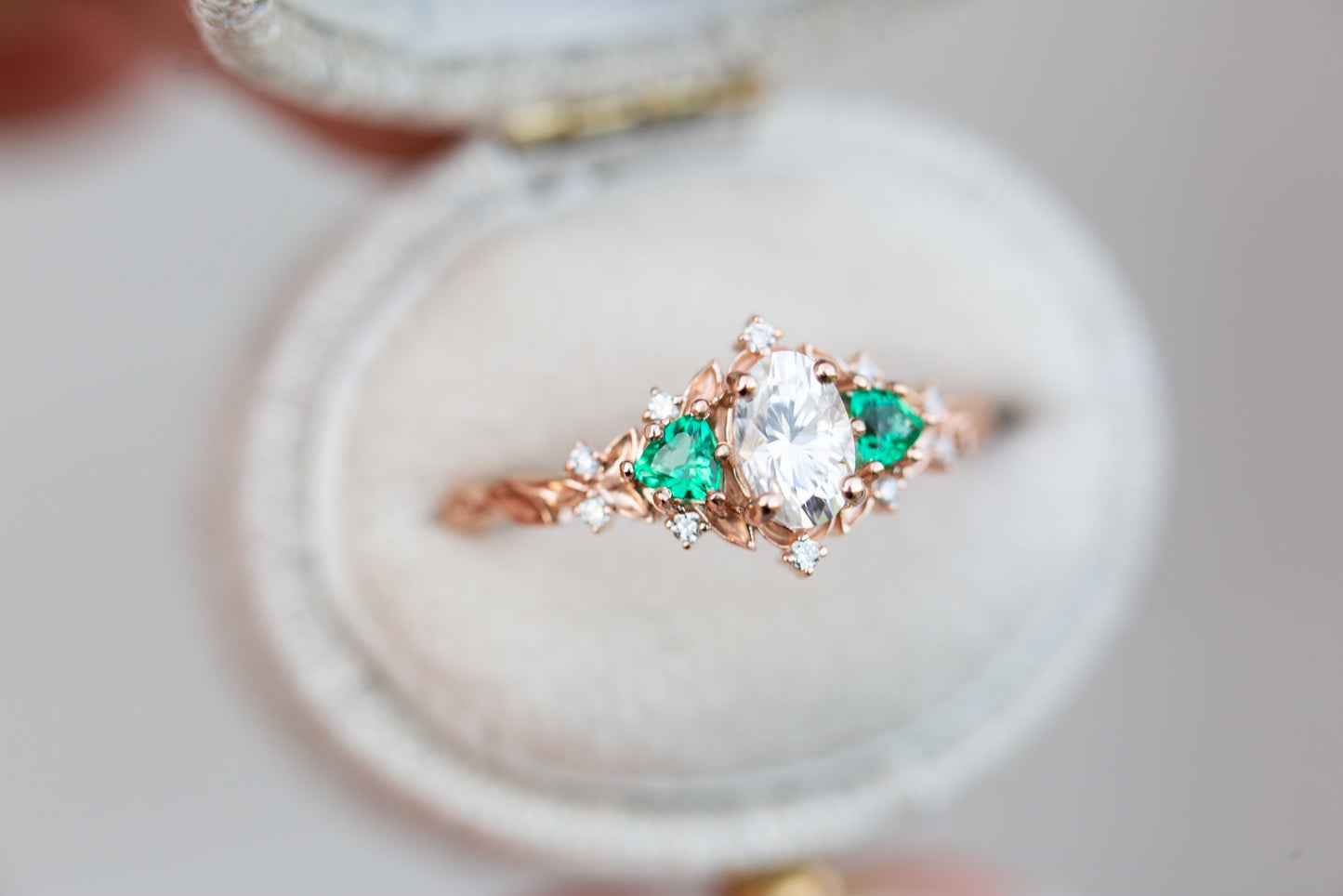 [Oramore Jewelry]Briar rose three stone with oval moissanite and lab emerald (fairy queen ring)
