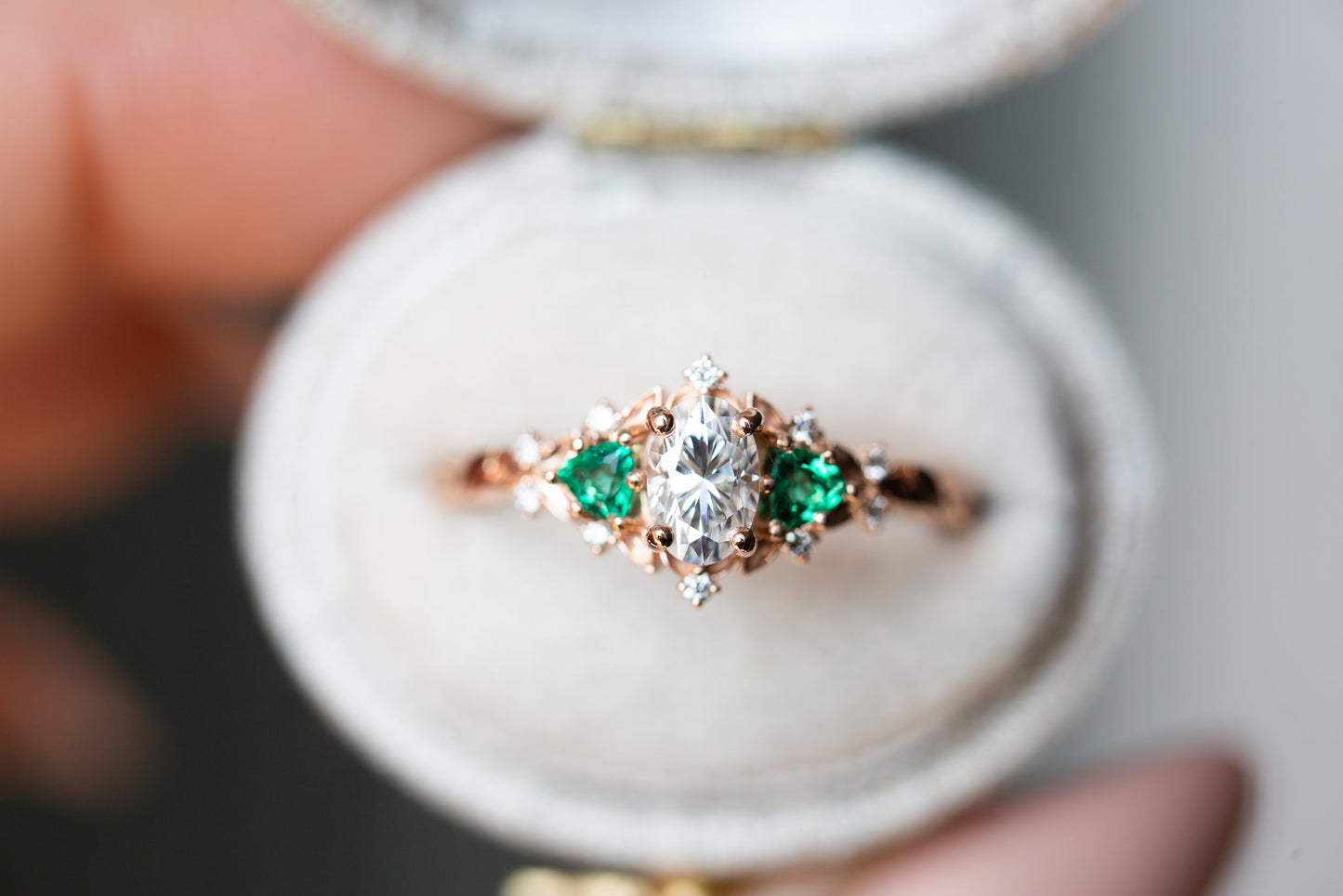 [Oramore Jewelry]Briar rose three stone with oval moissanite and lab emerald (fairy queen ring)