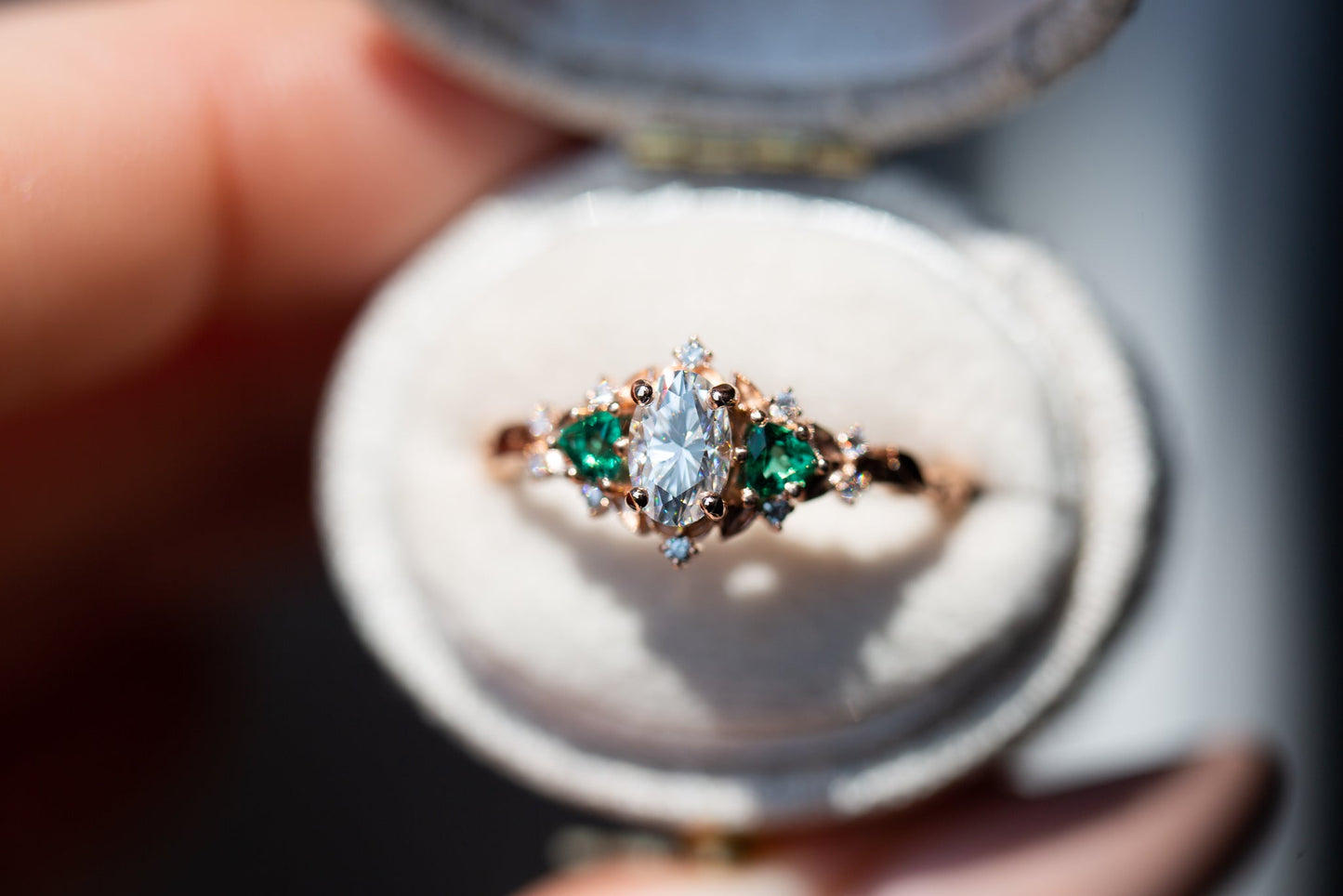[Oramore Jewelry]Briar rose three stone with oval moissanite and lab emerald (fairy queen ring)