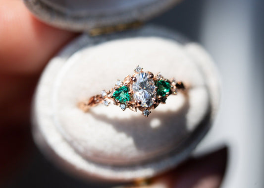 [Oramore Jewelry]Briar rose three stone with oval moissanite and lab emerald (fairy queen ring)