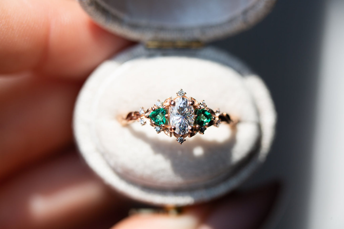 [Oramore Jewelry]Briar rose three stone with oval moissanite and lab emerald (fairy queen ring)