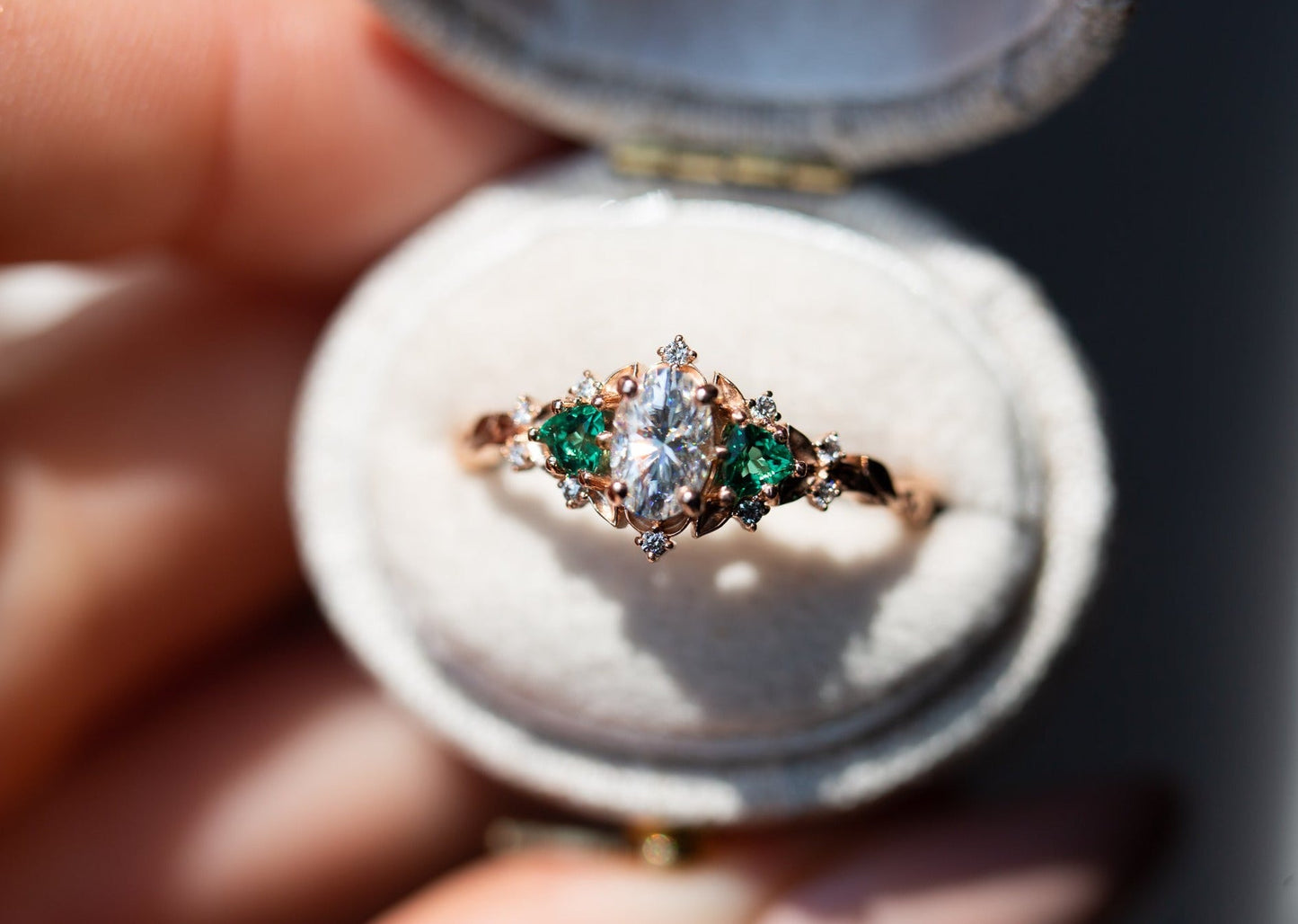 [Oramore Jewelry]Briar rose three stone with oval moissanite and lab emerald (fairy queen ring)