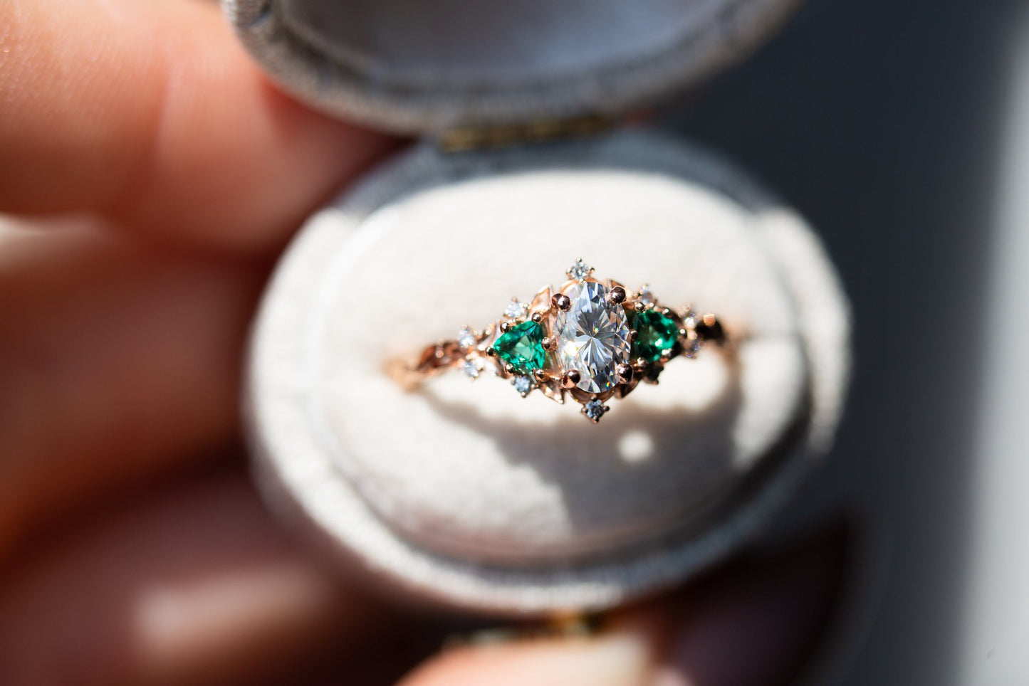 [Oramore Jewelry]Briar rose three stone with oval moissanite and lab emerald (fairy queen ring)