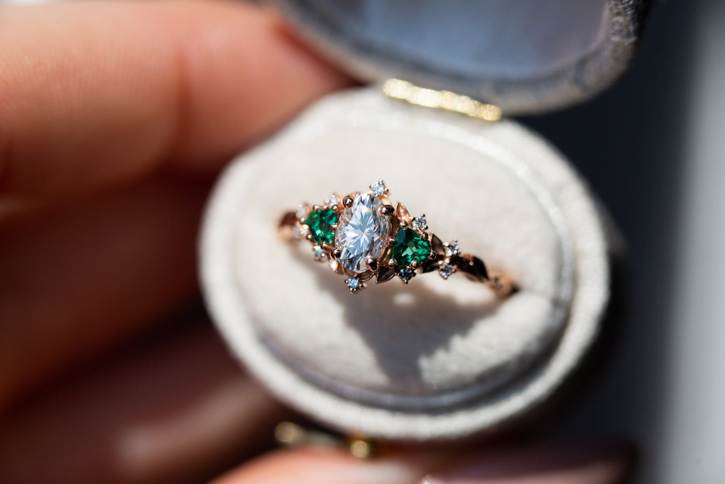 [Oramore Jewelry]Briar rose three stone with oval moissanite and lab emerald (fairy queen ring)