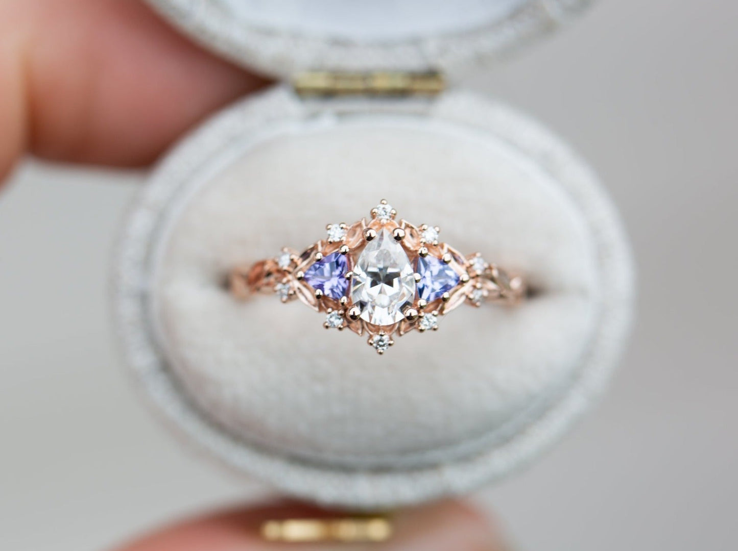 [Oramore Jewelry]14k rose Briar rose three stone with pear moissanite and tanzanite (fairy queen ring)