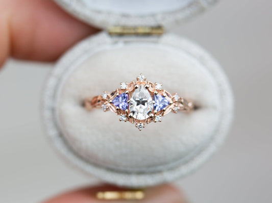 [Oramore Jewelry]14k rose Briar rose three stone with pear moissanite and tanzanite (fairy queen ring)