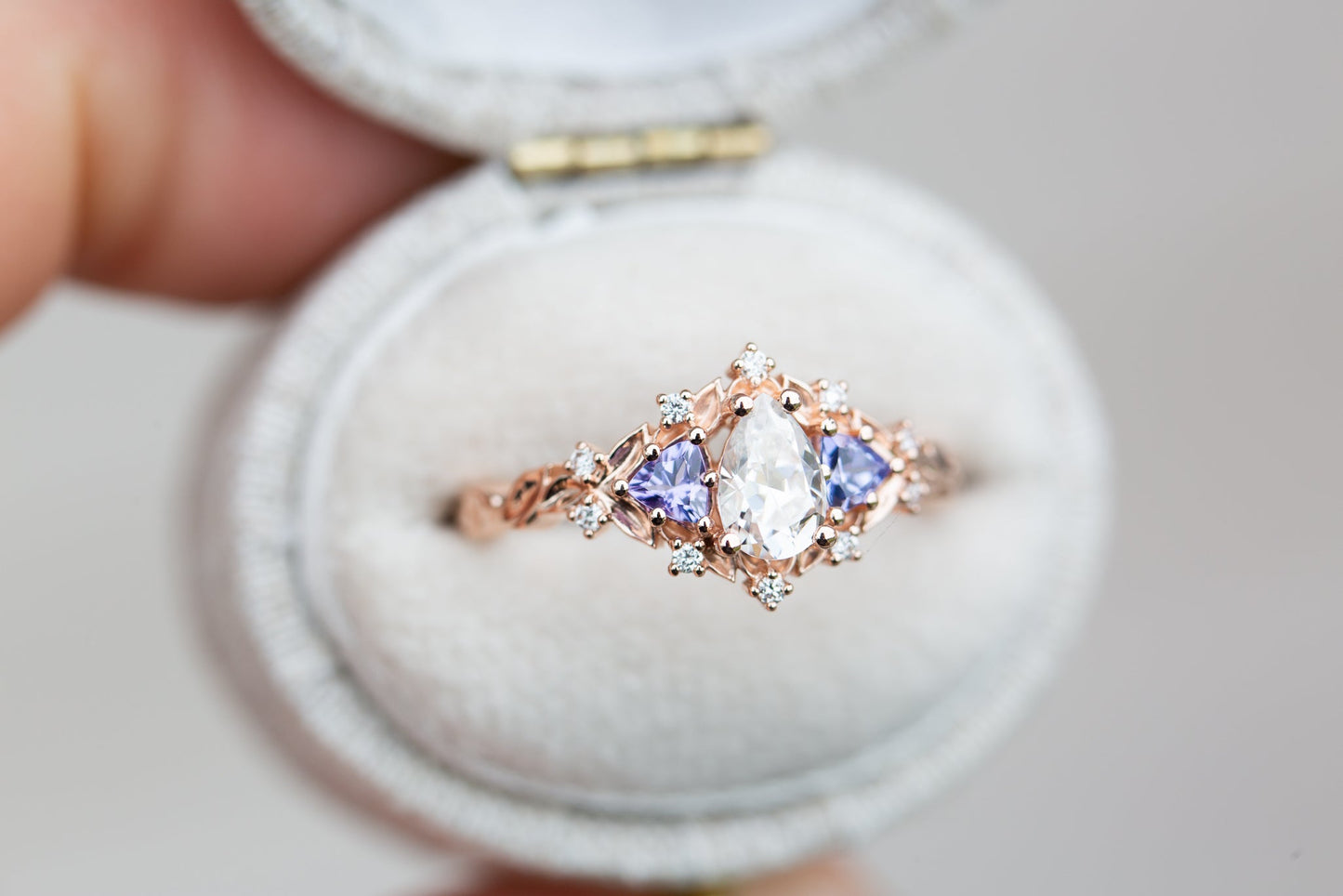 [Oramore Jewelry]14k rose Briar rose three stone with pear moissanite and tanzanite (fairy queen ring)