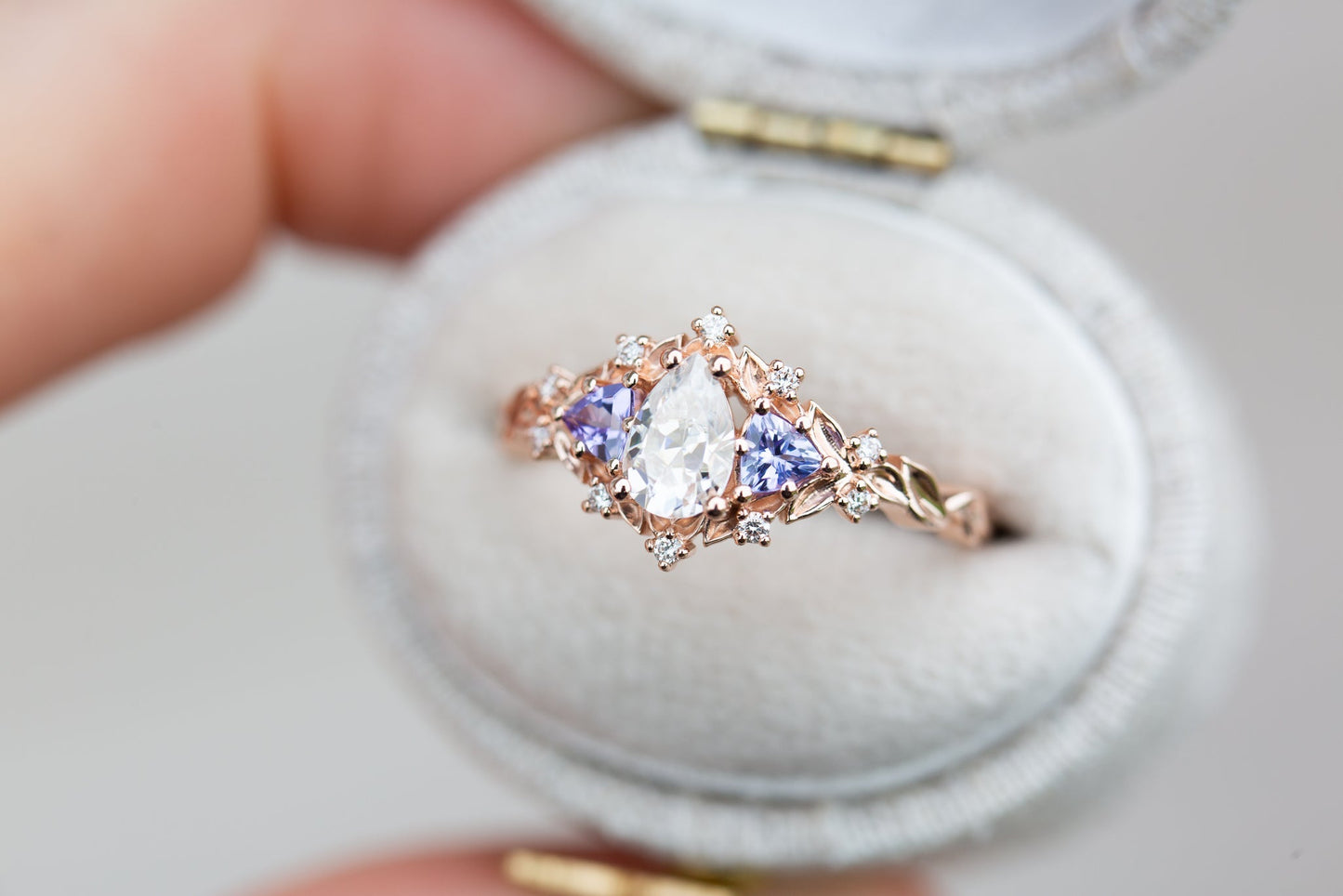 [Oramore Jewelry]14k rose Briar rose three stone with pear moissanite and tanzanite (fairy queen ring)