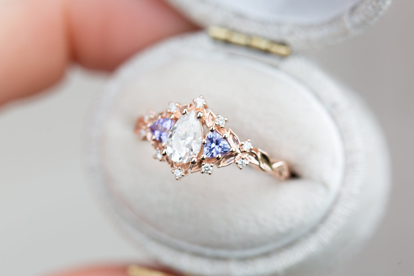 [Oramore Jewelry]14k rose Briar rose three stone with pear moissanite and tanzanite (fairy queen ring)