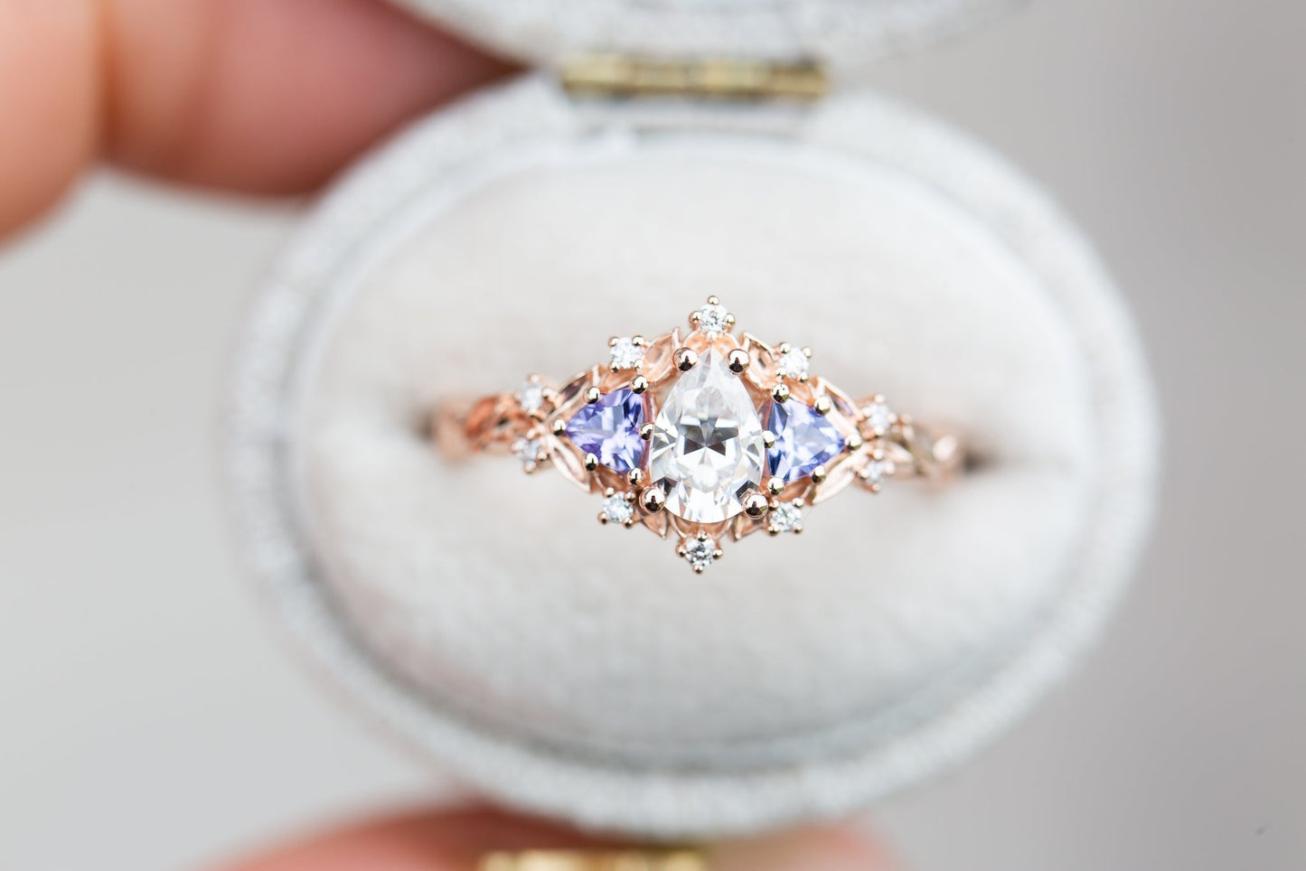 [Oramore Jewelry]14k rose Briar rose three stone with pear moissanite and tanzanite (fairy queen ring)