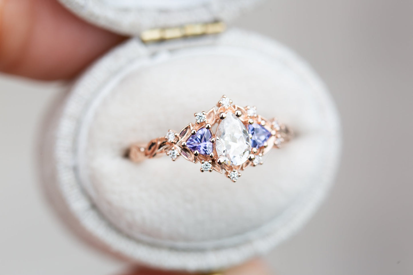 [Oramore Jewelry]14k rose Briar rose three stone with pear moissanite and tanzanite (fairy queen ring)