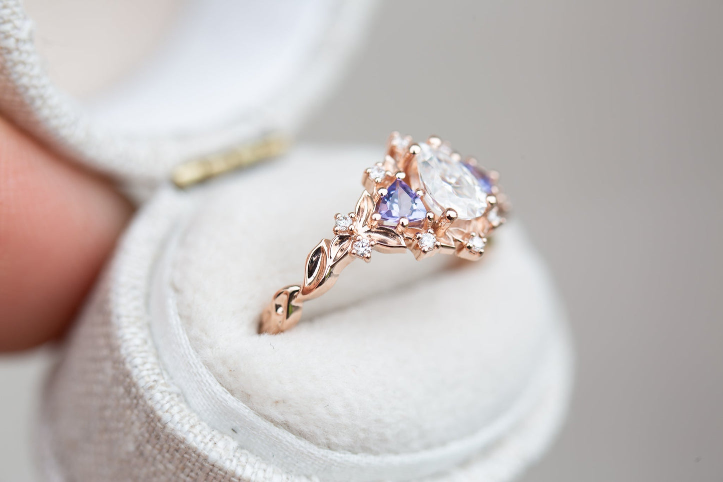 [Oramore Jewelry]14k rose Briar rose three stone with pear moissanite and tanzanite (fairy queen ring)