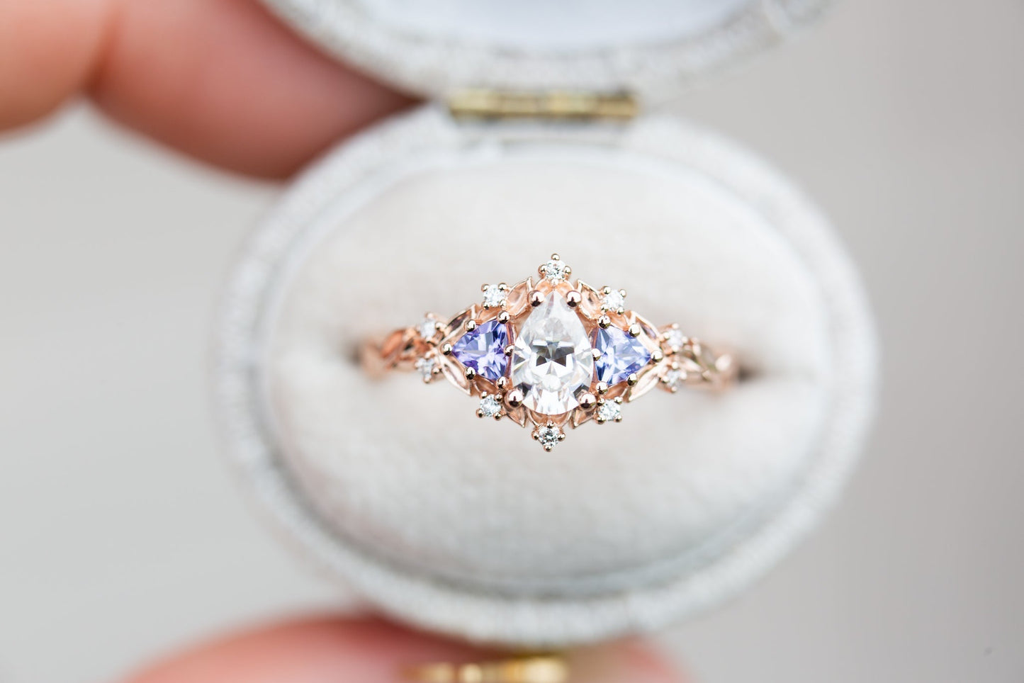 [Oramore Jewelry]14k rose Briar rose three stone with pear moissanite and tanzanite (fairy queen ring)