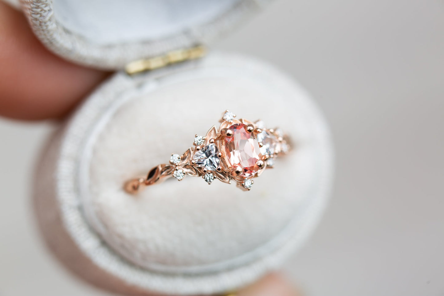 [Oramore Jewelry]Briar rose three stone with oval lab peach sapphire (fairy queen ring)