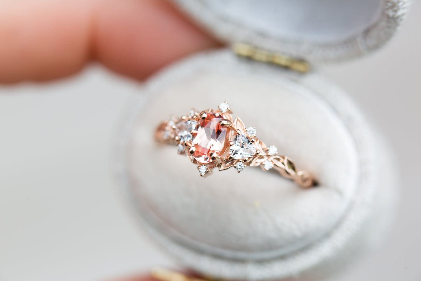 [Oramore Jewelry]Briar rose three stone with oval lab peach sapphire (fairy queen ring)