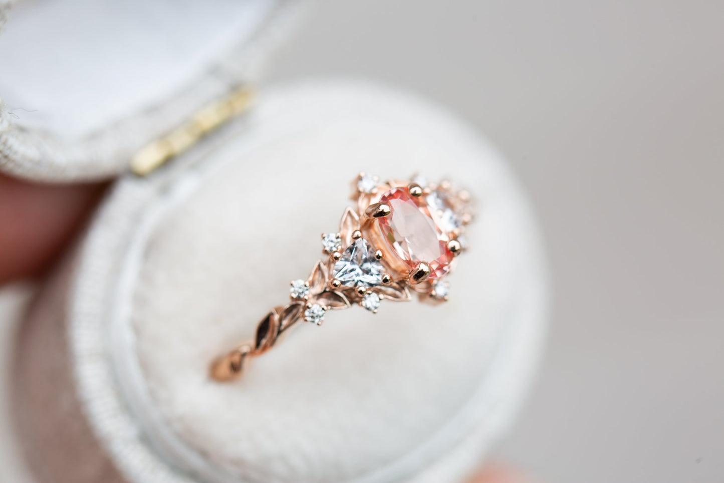 [Oramore Jewelry]Briar rose three stone with oval lab peach sapphire (fairy queen ring)